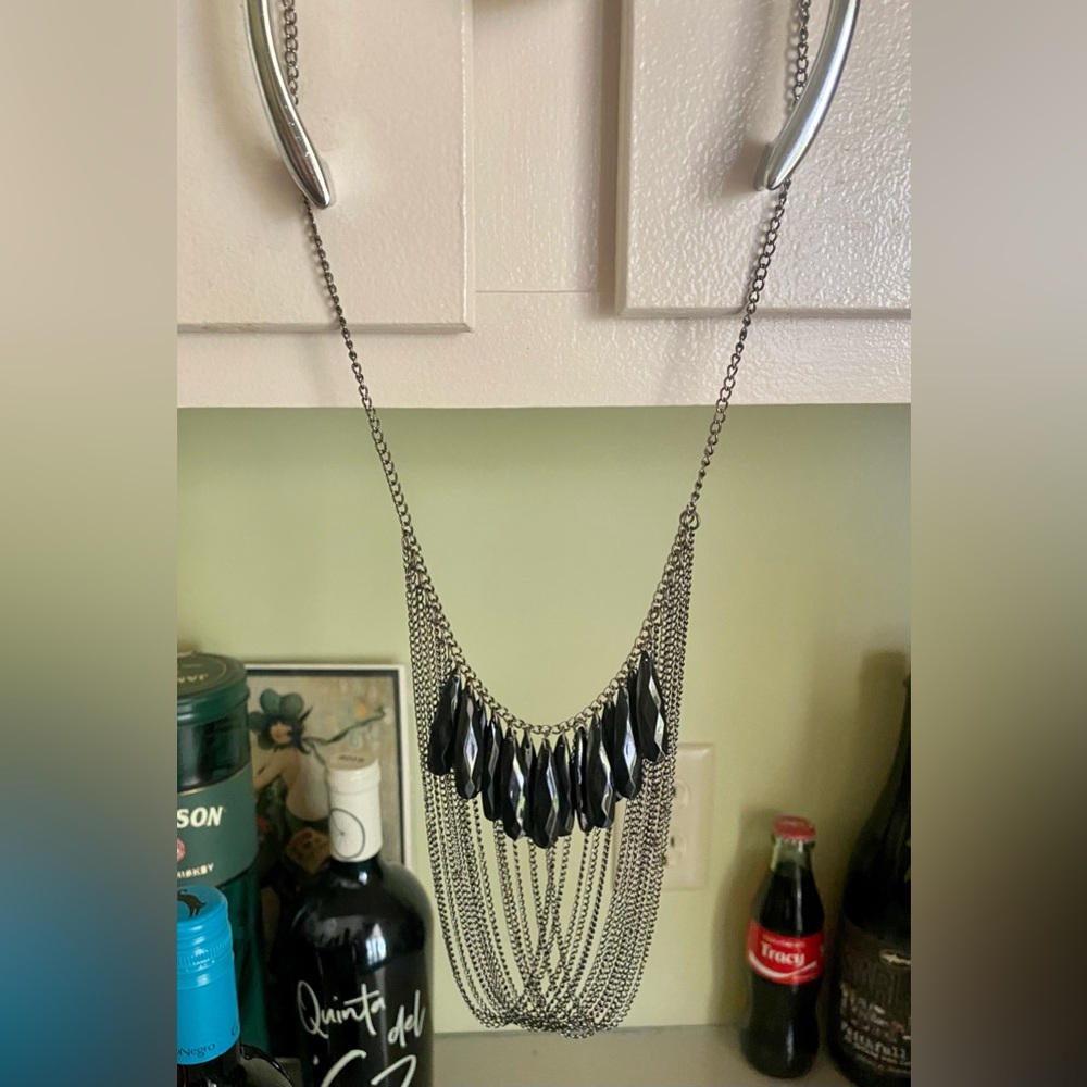 Charcoal 12” Necklace With Black Dangling Beads And Looping Chains